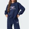 HUDFERG Women 2PCS Bow Print Sweatshirt Pullover Long Sleeve Crew Neck Hoodie and Sweatpants Tracksuits (Navy, L) view 4