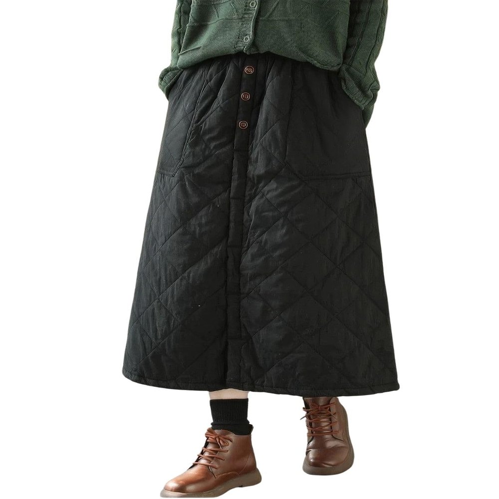 ebossy Women's Puffer Quilted Skirt Winter Insulated Warm High Waist Front Split Long Down Skirt with Pockets (One Size, Black)