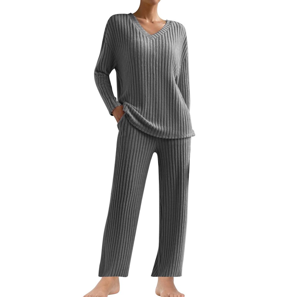 2 Piece Outfits for Women Ribbed Knit Sets Ong Sleeve V Neck Sweater Wide Leg Pants Casual Spring Loungewear Clothes