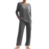 2 Piece Outfits for Women Ribbed Knit Sets Ong Sleeve V Neck Sweater Wide Leg Pants Casual Spring Loungewear Clothes view 1
