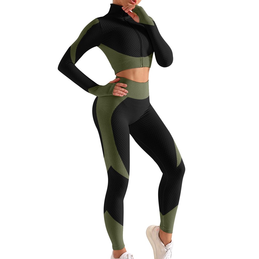 NATHGAM Womens 2 Piece Gym Yoga Outfits Colorblock Zip Up Sport Jacket Crop Tank Top High Waist Leggings Running Workout Sets