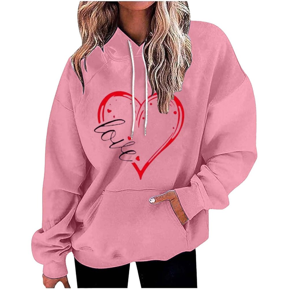 Going Out Tops for Women Heart Graphic Sweatshirt for Women Oversized Valentine's Day Long Sleeve Hooded Shirt Casual Pullover Top with Pocket Pink