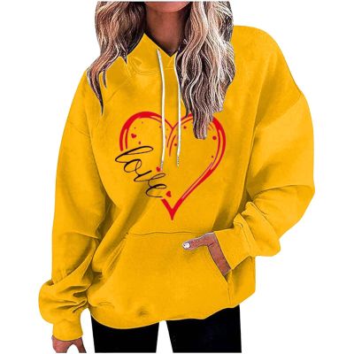 Going Out Tops for Women Heart Graphic Sweatshirt for Women Oversized Valentine's Day Long Sleeve Hooded Shirt Casual Pullover Top with Pocket Yellow