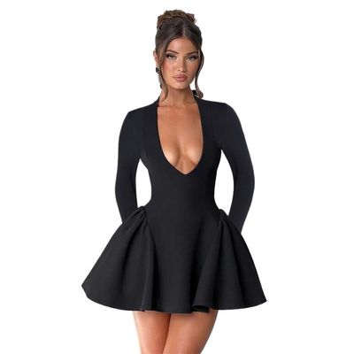 RanRui Women's deep Vneck Cut Out Open Back Long Sleeve Mini Dress high Waist Fashion Sexy Slim Hip Wrap Dress Cocktail Dress (Black,Medium)