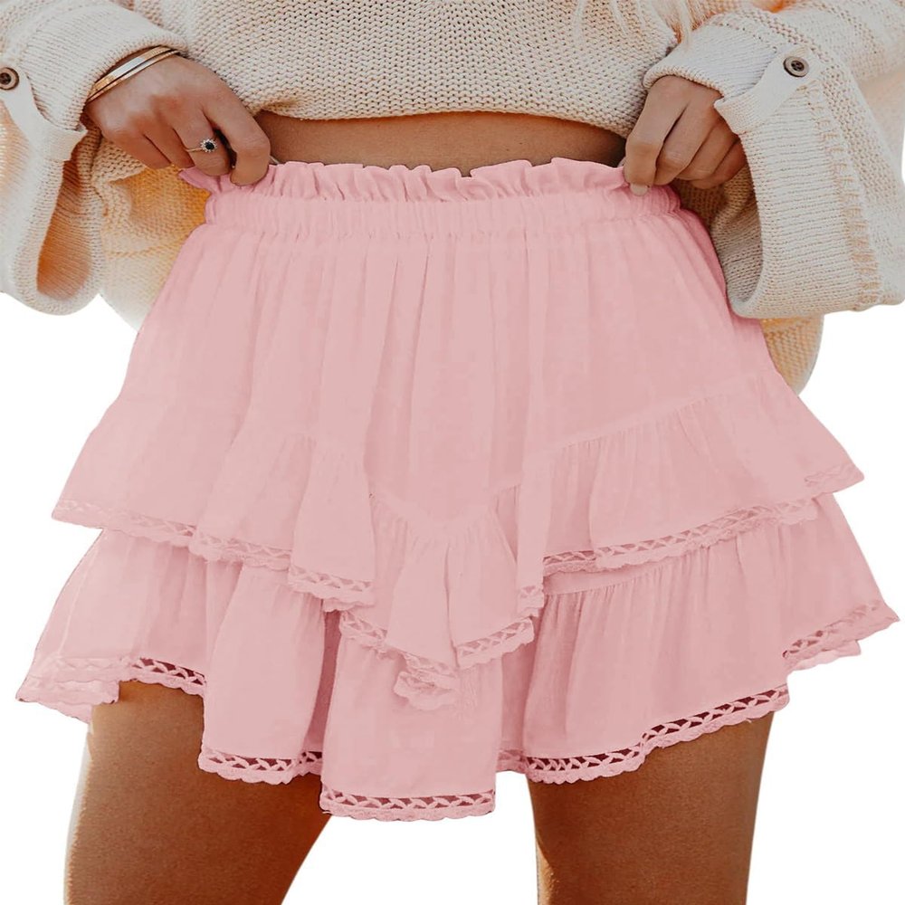ebossy Women's Tiered Ruffle High Waist Boho Mini Skirts Lace Crochet Golf Tennis Flowy Skorts Shorts (M, Pink)