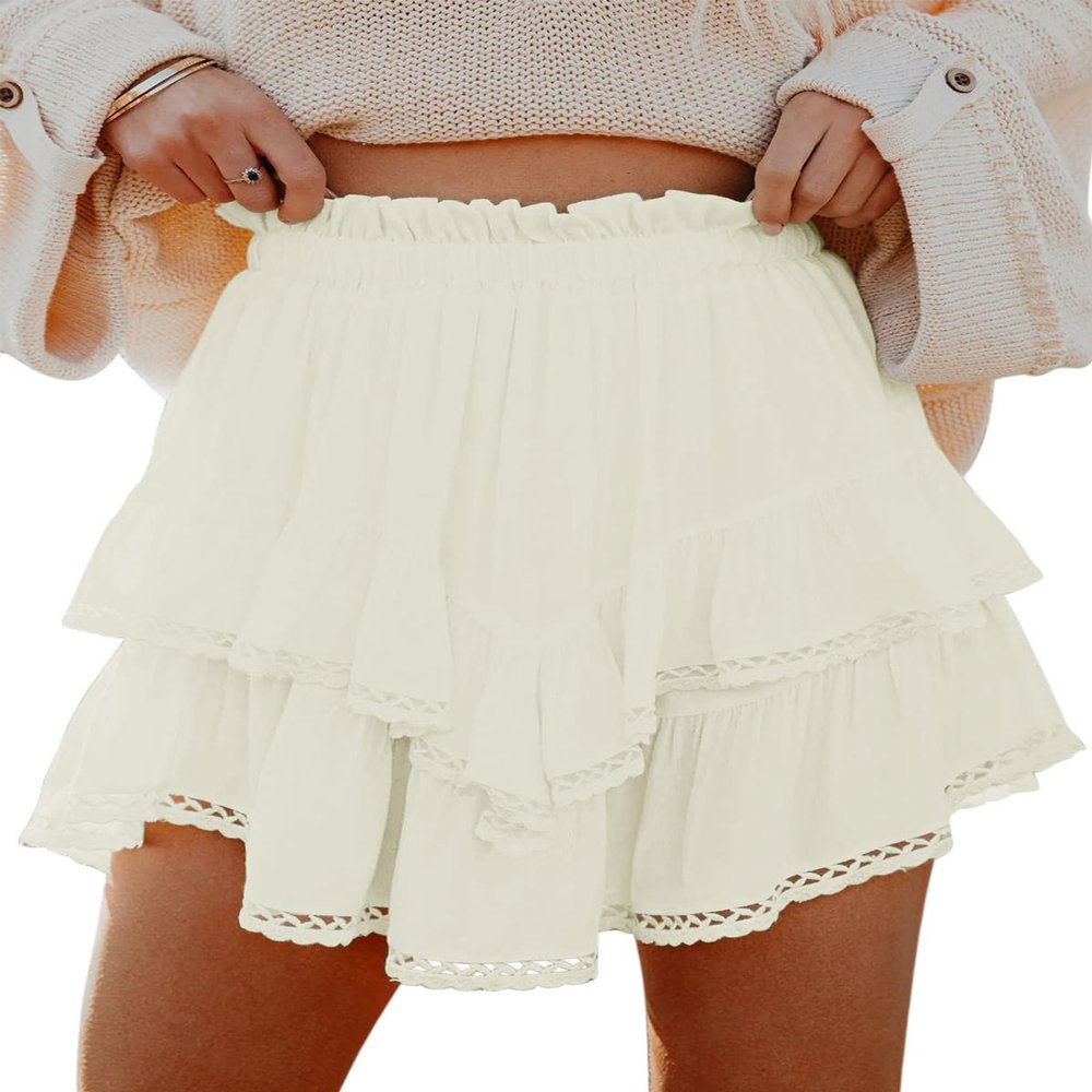 ebossy Women's Tiered Ruffle High Waist Boho Mini Skirts Lace Crochet Golf Tennis Flowy Skorts Shorts (L, Apricot)
