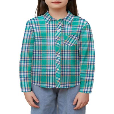 Betusline Girls' Plaid Flannel Shirt, Kids Long Sleeve Button Button Shirts Tops, F Green & Navy #111-12 Years= Tag 180