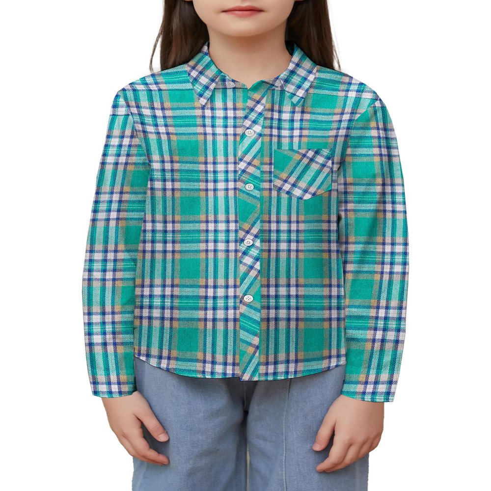 Betusline Girls' Plaid Flannel Shirt, Kids Long Sleeve Button Button Shirts Tops, F Green & Navy #111-12 Years= Tag 180