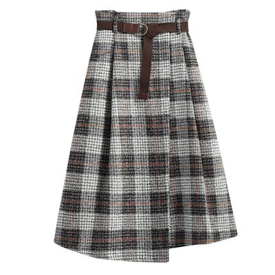 chouyatou Women's Vintage Plaid Wool Blend Midi Skirt Houndstooth A Line Wool Long Skirt with Belt (X-Small, Gray White)