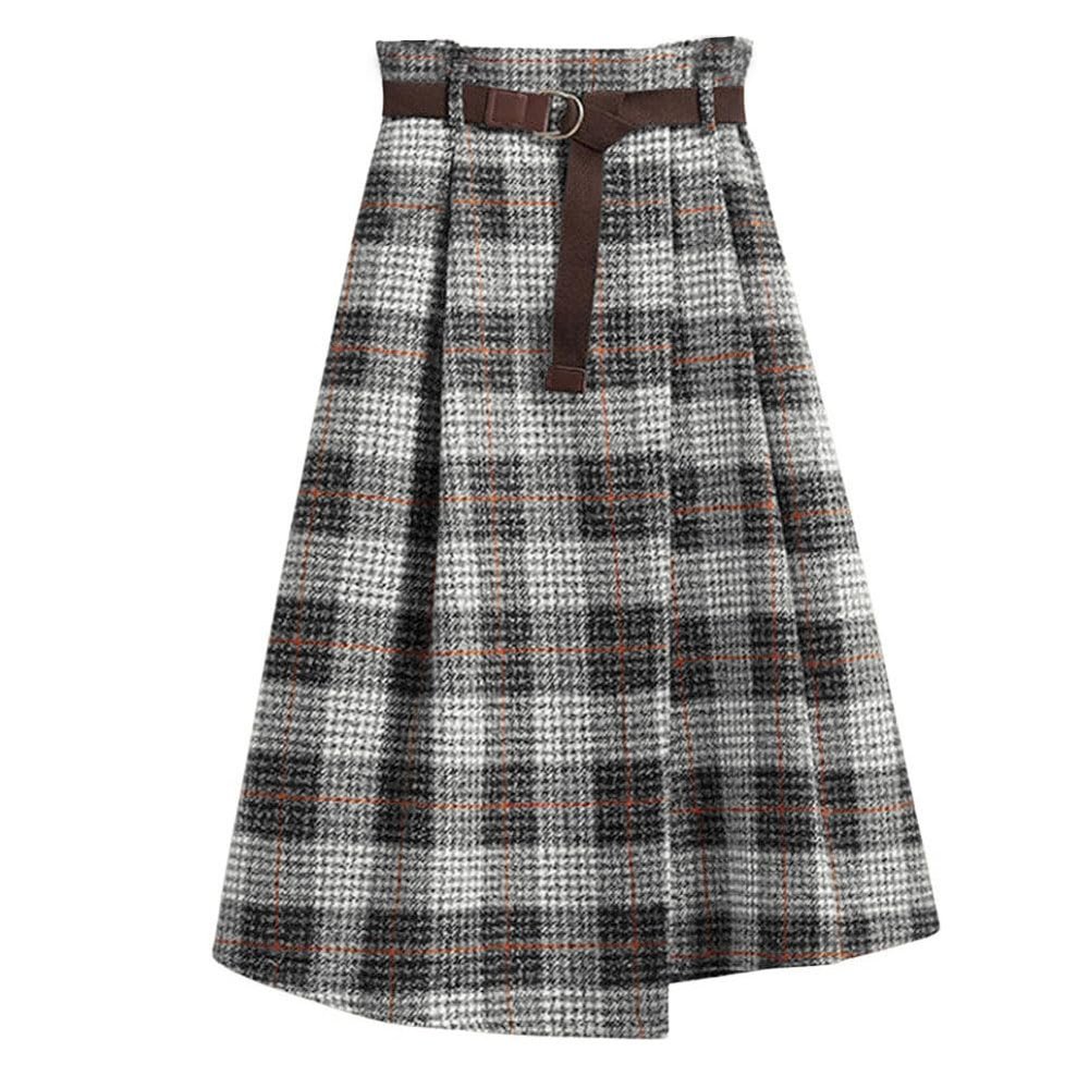 chouyatou Women's Vintage Plaid Wool Blend Midi Skirt Houndstooth A Line Wool Long Skirt with Belt (X-Small, Gray White)