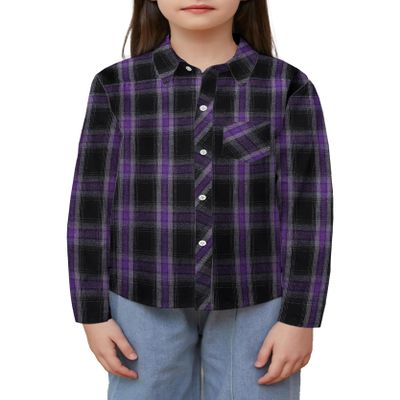 Betusline Girls' Long Sleeved Flannel Shirt, F Purple & Black #18-9 Years= Tag 150