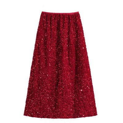 Tsuukuie Glitter Skirts for Women Sequin Long Skirts for Girls Party Dresses Red