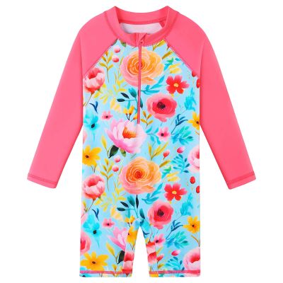 Girls Swimsuit UPF 50+ UV One Piece Swimwear Zipper Rashguard Bathing Suit S480_BlueFlower_116/122