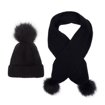 PTILSERY Kids Knitted Bonnet and Scarf Set with Plush Decors for 2 to 6 Year Boys Girls Solid Color Warm Hat & Long Muffler