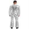 Raenseen Mens 70s 80s Disco Party Dance Jumpsuit Metallic Shiny Bodysuit Long Sleeve Zipper Dancewear Clubwear Silver X-Large view 2