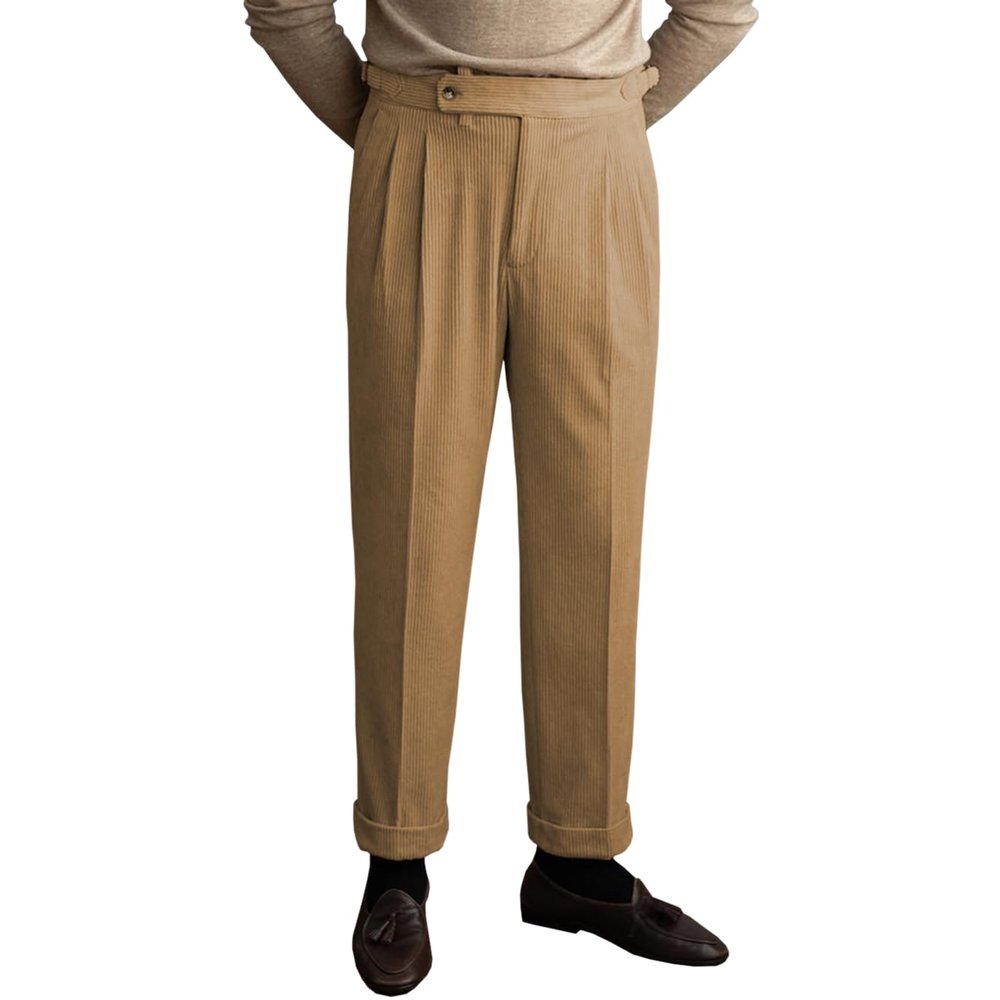 Garqia Clyon Men's Corduroy Pants Business Flat-Front Suit Pants Fashion Casual Long TrousersKhaki38W30L