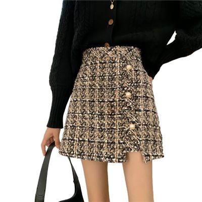 SLQPFK Women Tweed and Polyester Mini Skirts Elegant Plaid Button A-line High Waist Bodycon Pencil Wrap Short Skirts