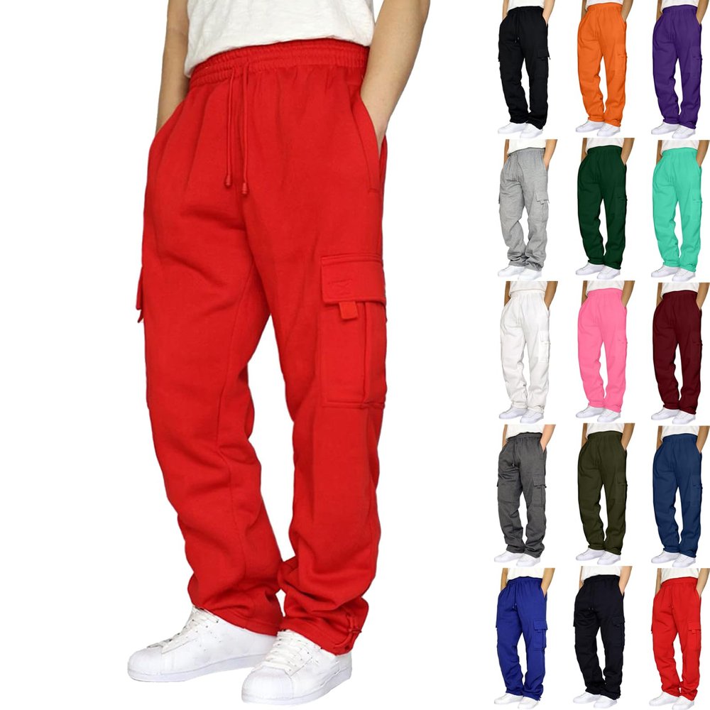 Cargo Sweats for Men Cargo Sweatpants for Men Casual Fleece Joggers Athletic Workout Hiking Drawstring Sweat Pants with Pockets Red Mens Relaxed fit Pants S