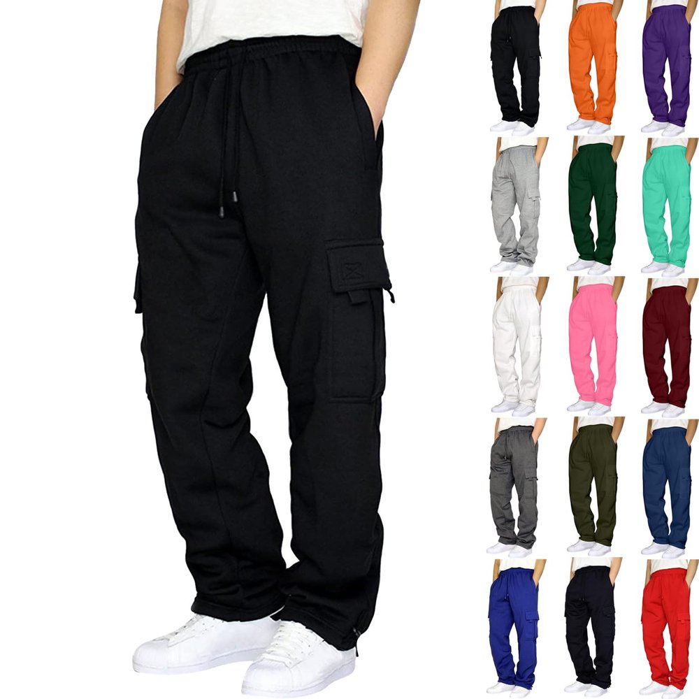 Thick Sweatpants Cargo Sweatpants for Men Casual Fleece Joggers Athletic Workout Hiking Drawstring Sweat Pants with Pockets Black Sweatpants for Men Baggy XL
