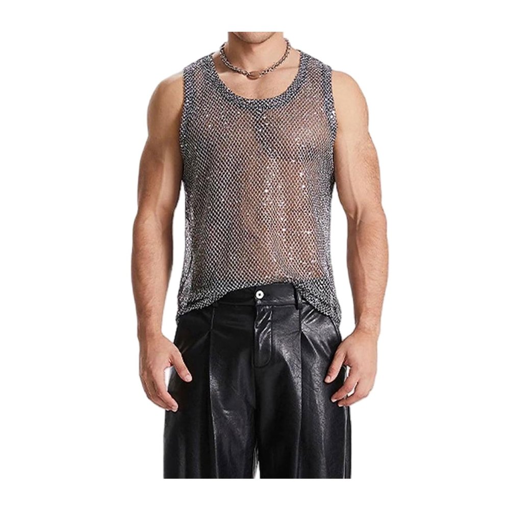 IAEXUOQC Men's Sexy Sparkly Tank Top See-Through Mesh Sequin Disco Lightweight Vest Sleeveless T Shirt Party Top(Small)