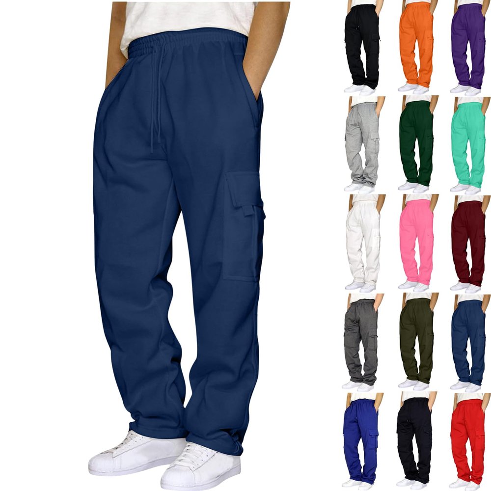 Thick Sweatpants for Men Cargo Sweatpants for Men Casual Fleece Joggers Athletic Workout Hiking Drawstring Sweat Pants with Pockets Blue Mens Loose fit Pants S