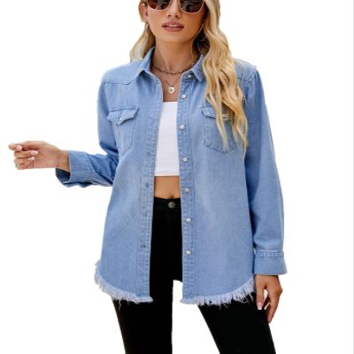 Cowboy Raw Edge Denim Shirt Blouse Jacket Women's Wasged Loose Jean Tops Western Button up Denim Shacket Coat