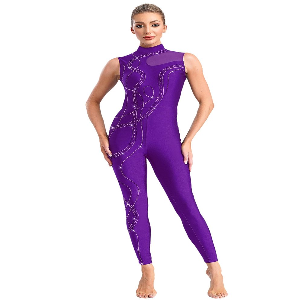 FEESHOW Women's Gymnastics Unitard One Piece Sleeveless Dance Bodysuits Skating Jumpsuit Ballet Leotards Purple XX-Large