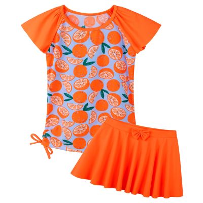 Girls Rash Guard 2 Pieces Bathing Suit UPF50+ Swimsuit with Swimming Skirt Swimwear 2-12Y S377_Lemon_12A