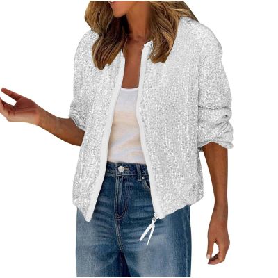 Sequin Jackets for Women Casual Sparkly Zip Up Bomber Jacket Dressy Glitter Loose Coat Outerwear Blazer Party Outfit (White, M)
