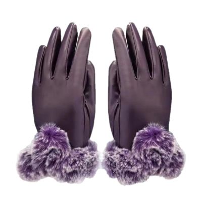 Women Winter Gloves Faux Rabbit PU Leather Touch Screen Mittens Outdoor Driving Warm Gloves Touch Screen Mittens (purple)