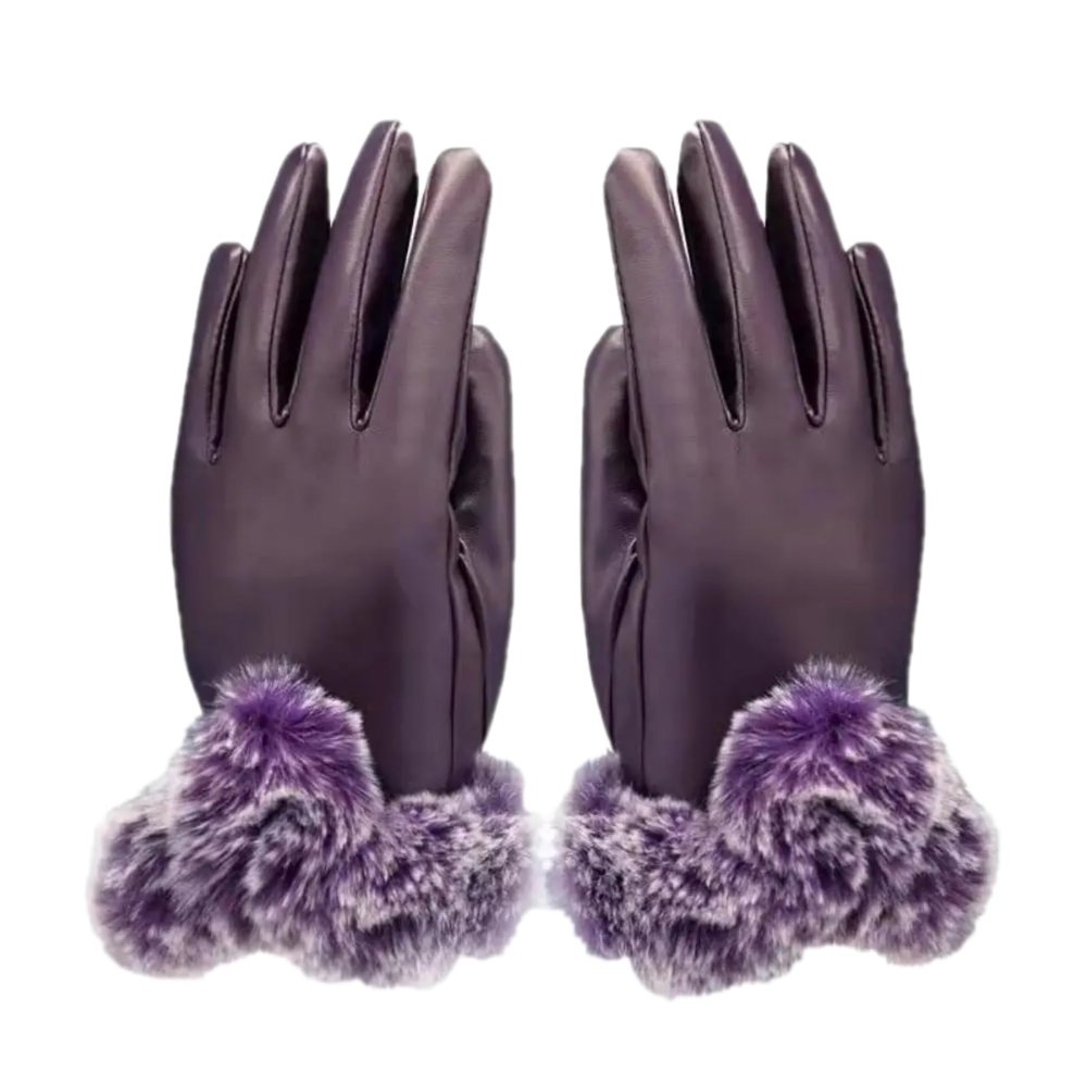 Women Winter Gloves Faux Rabbit PU Leather Touch Screen Mittens Outdoor Driving Warm Gloves Touch Screen Mittens (purple)
