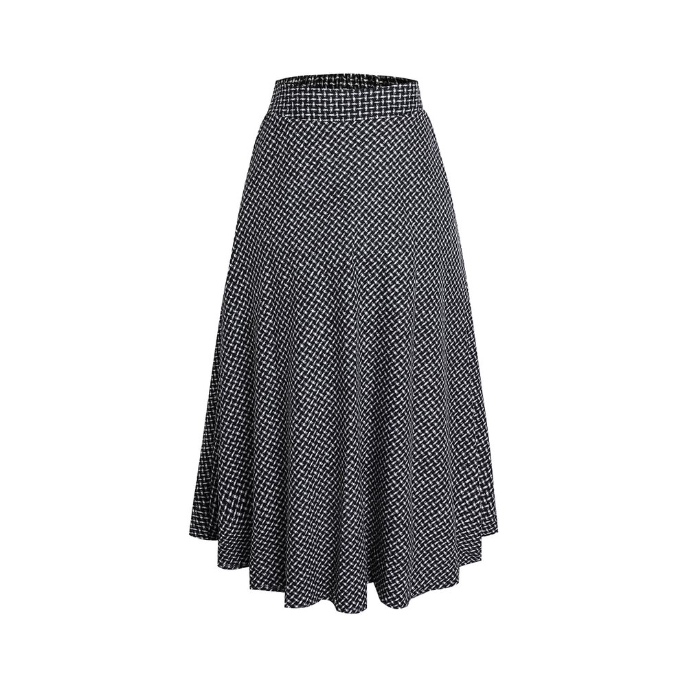 Women's Vintage High Waist Plaid Wool Skirt A-line Elegant Long Skirt Fall/Winter Midi Skirt Black XL