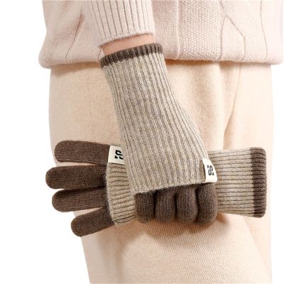 Women Winter Warm Cashmere Knit Fingerless+Touchscreen Mitten Glove 2 in 1 Extended Wrist Guard Cycling Mittens(beige)