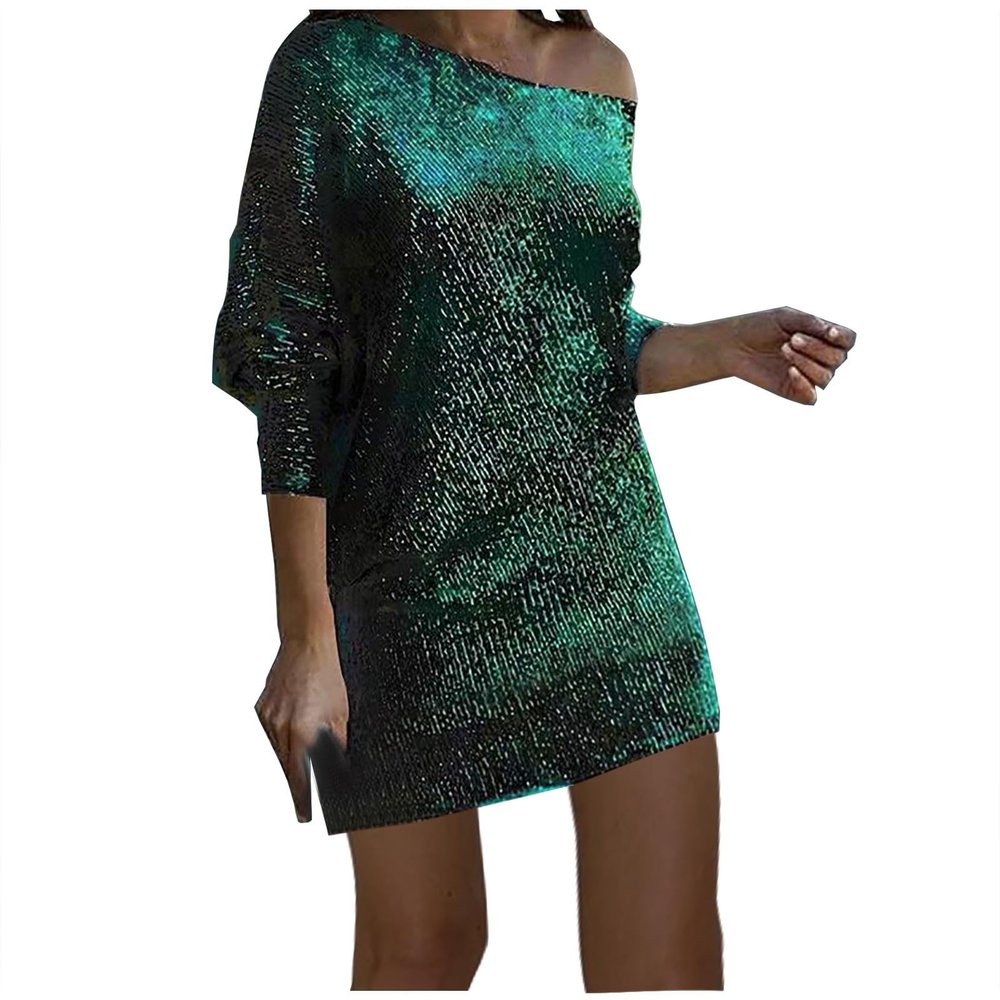 Women's Sequin Cocktail Party Dress Fashion One Shoulder Lantern Long Sleeve Club Evening Sparkly Glitter Mini Dresses Green