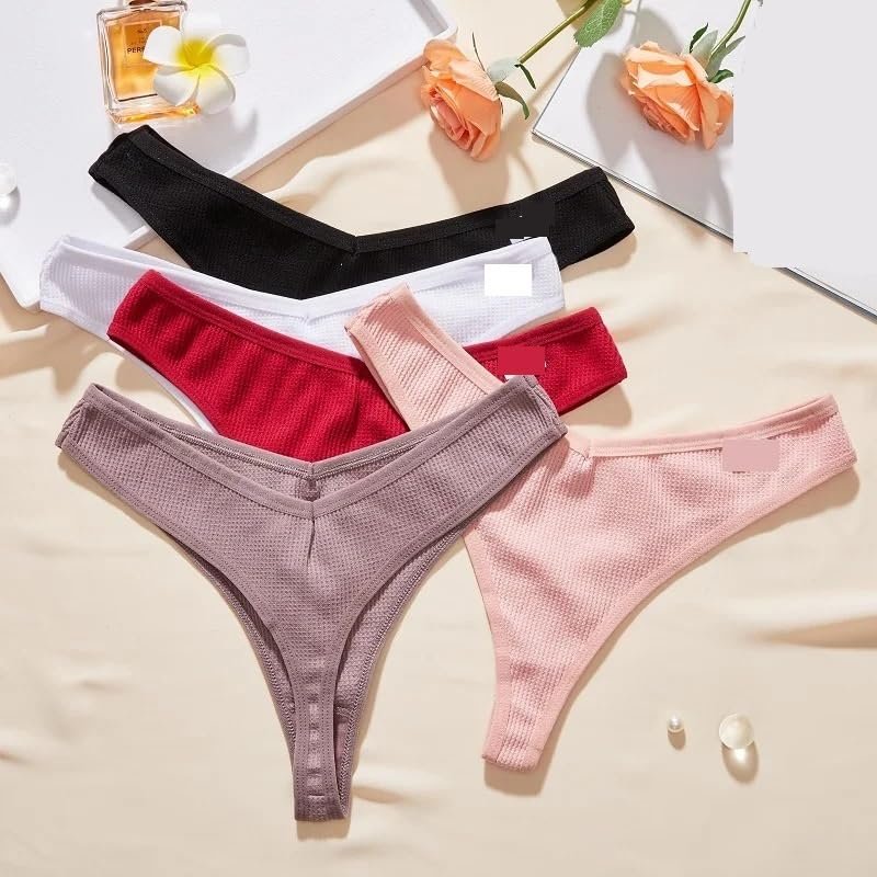 BDALEAOES 5PCS/Set Cotton Waffle Thongs Women Panties Sexy Underwear G String Solid Color Female Underpants Intimates Women Lingerie S-XL(Set3,Black_L)