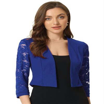 Allegra K Lace Shrug for Women Elegant 3/4 Sleeve Open Front Sheer Floral Cardigan Formal Bolero Jacket Large Royal Blue