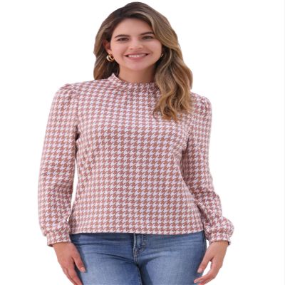 Allegra K Houndstooth Plaid Blouse for Women's Vintage Mock Neck Puff Long Sleeve Casual Work Tops X-Large Pink