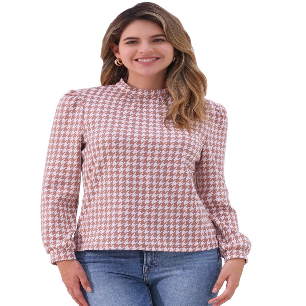 Allegra K Houndstooth Plaid Blouse for Women's Vintage Mock Neck Puff Long Sleeve Casual Work Tops X-Large Pink