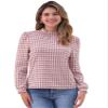 Allegra K Houndstooth Plaid Blouse for Women's Vintage Mock Neck Puff Long Sleeve Casual Work Tops X-Large Pink view 1
