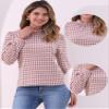 Allegra K Houndstooth Plaid Blouse for Women's Vintage Mock Neck Puff Long Sleeve Casual Work Tops X-Large Pink view 2