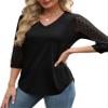 3/4 Length Sleeve Womens Tops V Neck T Shirts Lace Sleeve Work Women Blouses School Outfits for Teachers Black Summer Tops Fashion Clothing M view 2