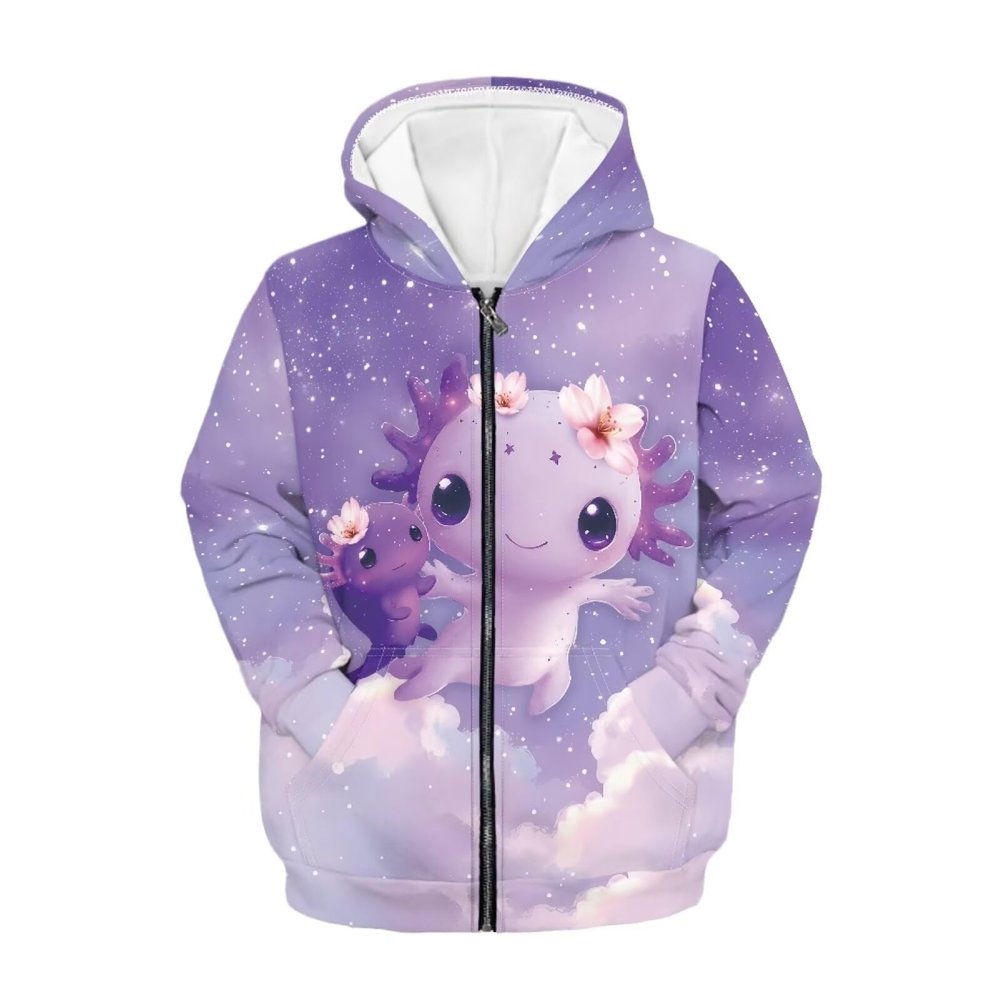 Belidome Cute Axolotl Girls Boys Zip Up Hoodie Hooded Sweatshirt Jacket Front Pocket Casual Activewear