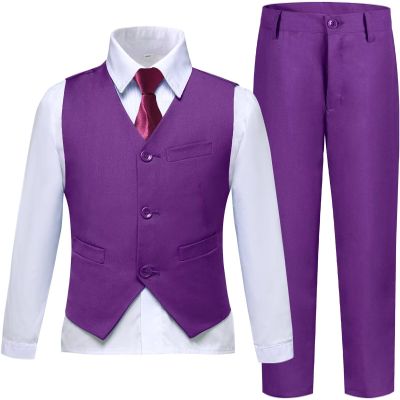 Boys Suits Slim Fit Toddler Kids Purple Suits for Boys Dress Vest Pants Set Wedding Ring Bearer Outfits Size 4