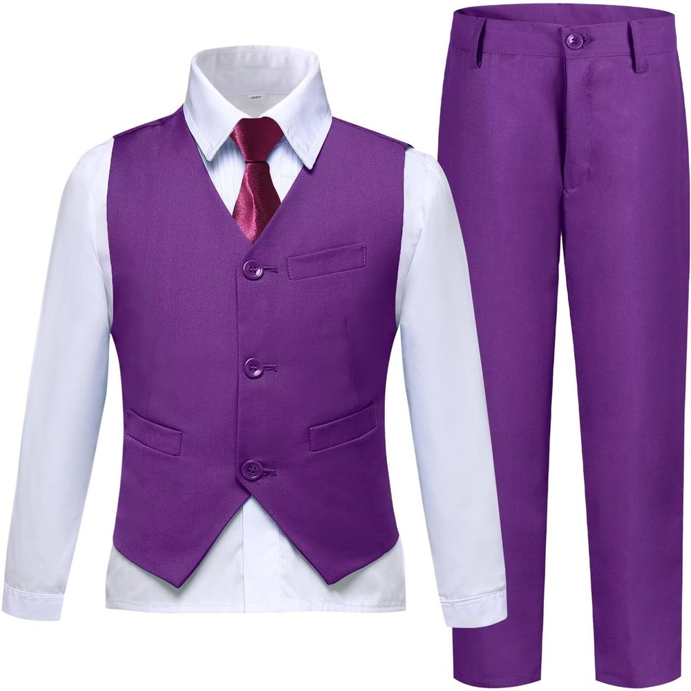 Boys Suits Slim Fit Toddler Kids Purple Suits for Boys Dress Vest Pants Set Wedding Ring Bearer Outfits Size 4
