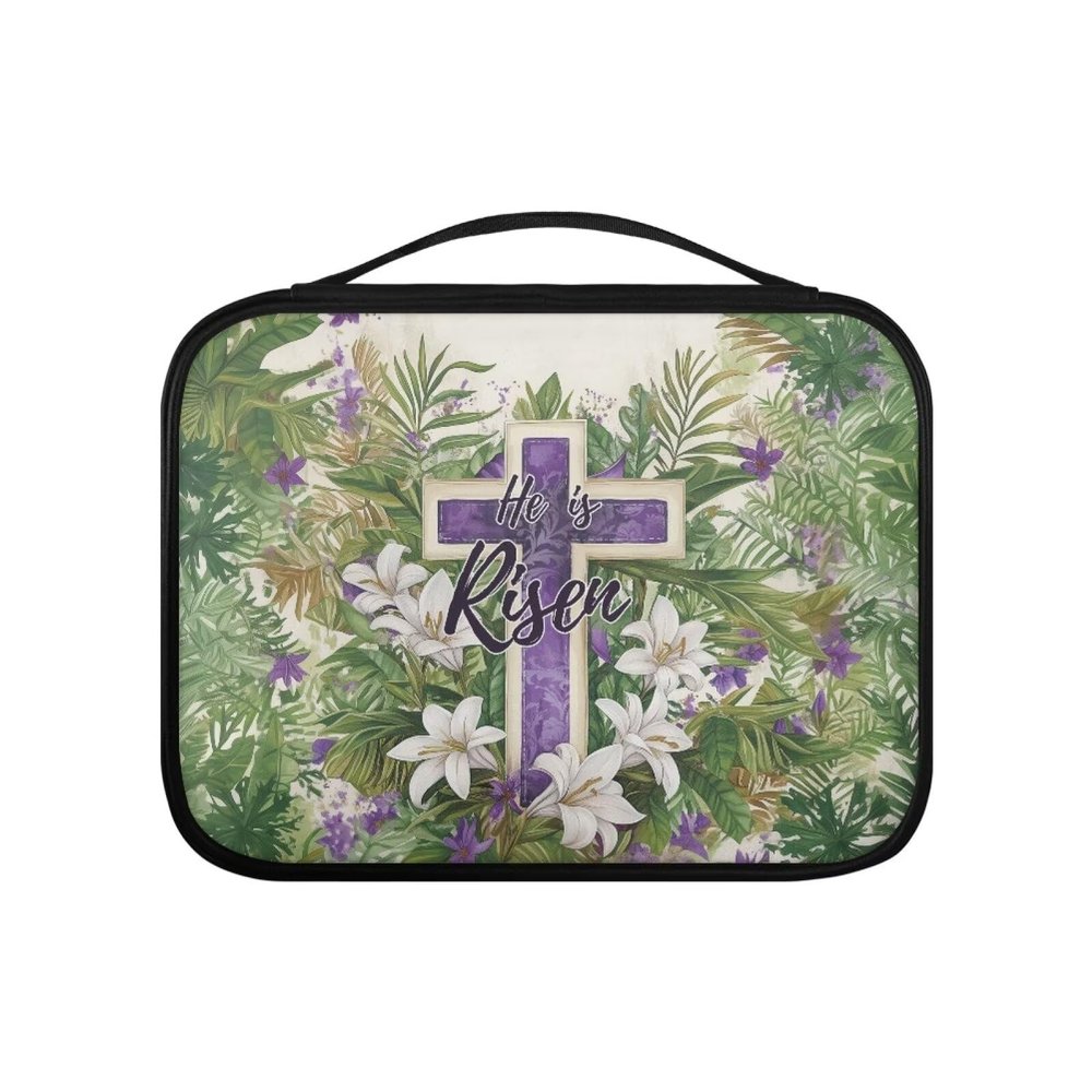 PJHEQOXE Elegant Womens Bible Cover Case with Handle,Funda Para Biblia De Mujer,Cross Lily Bible Book Case for Girl Christian School Briefcase Handbag Simple Style- He Is Risen