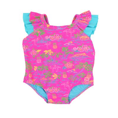 RuffleButts Girls UPF50+ Sun Protection Ruffle V-Back One Piece Swimsuit - Neon Island Time, 2T