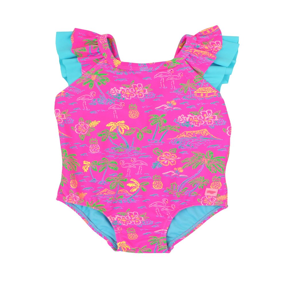 RuffleButts Girls UPF50+ Sun Protection Ruffle V-Back One Piece Swimsuit - Neon Island Time, 2T