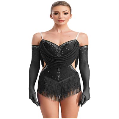 FEESHOW Women's Rhinestones Ruched Bodysuit Tassel Tango Rumba Salsa Latin Dance Leotard with Gloves Black Medium