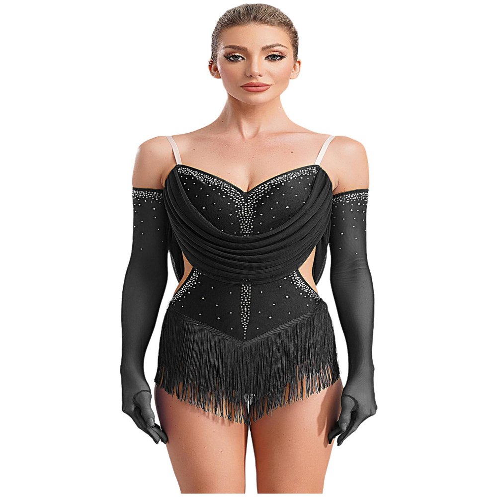 FEESHOW Women's Rhinestones Ruched Bodysuit Tassel Tango Rumba Salsa Latin Dance Leotard with Gloves Black Medium