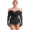 FEESHOW Women's Rhinestones Ruched Bodysuit Tassel Tango Rumba Salsa Latin Dance Leotard with Gloves Black Medium view 1